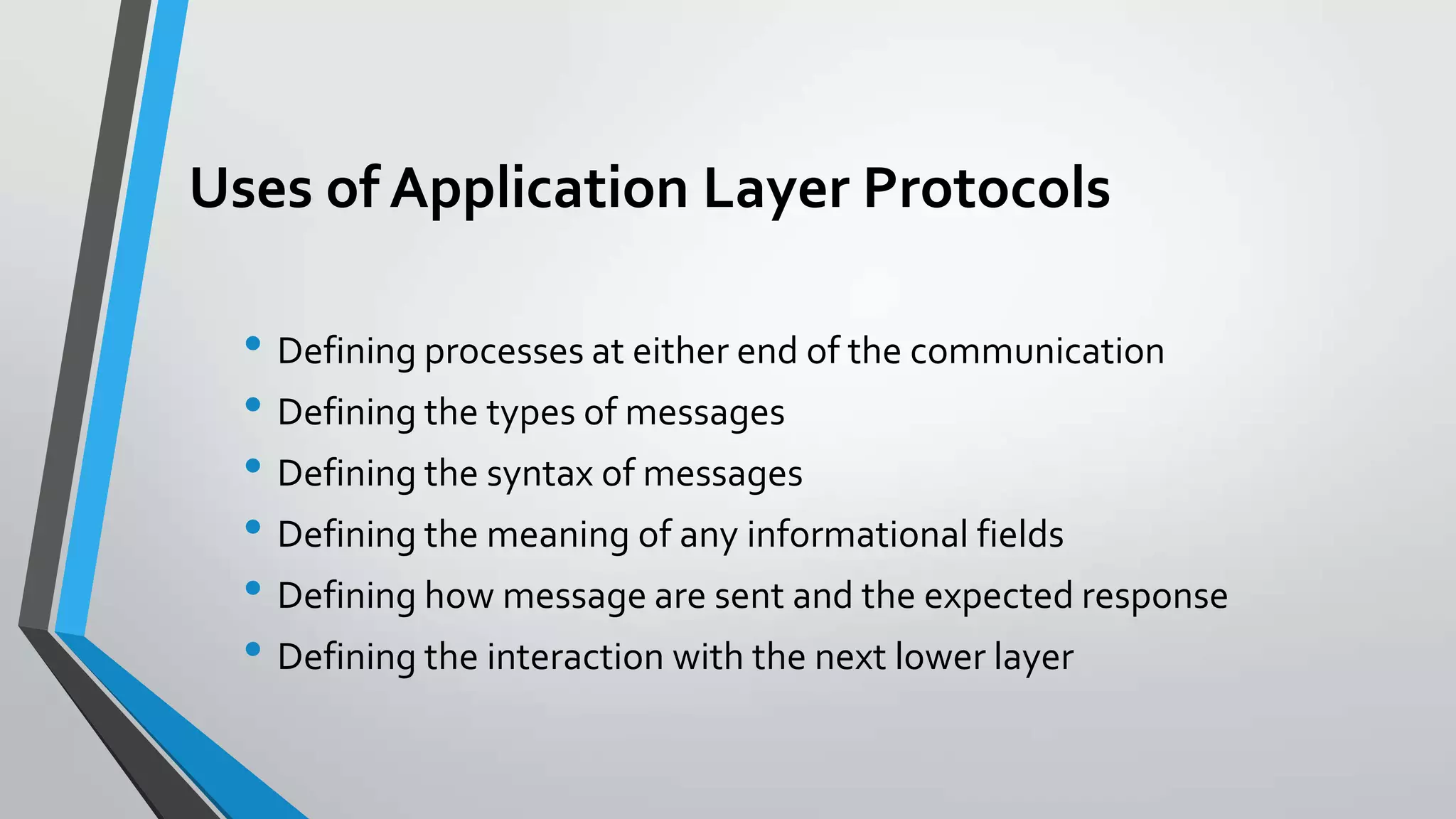 Uses of Application Layer Protocols
• Defining processes at either end of the communication
• Defining the types of messages
• Defining the syntax of messages
• Defining the meaning of any informational fields
• Defining how message are sent and the expected response
• Defining the interaction with the next lower layer

 