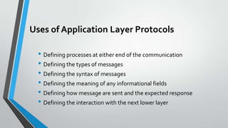 Uses of Application Layer Protocols
• Defining processes at either end of the communication
• Defining the types of messages
• Defining the syntax of messages
• Defining the meaning of any informational fields
• Defining how message are sent and the expected response
• Defining the interaction with the next lower layer

 