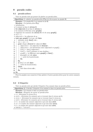 8 pseudo codes
8.1 pseudo-arbres
Voici un pseudo-code qui permet de générer un pseudo-arbre.
Algorithme 1 : générer un pseudo-arbre P(a) de tête a pour un graphe G
Données : Un graphe G et un sommet a de G
Résultat : Un pseudo-arbre P(a)
1 initialisation;
2 le sommet a dans le niveau 0;
3 les adjacents de a dans le niveau 1;
4 les sommets de G dans array graph[];
5 supprimer les sommets des niveau 0 et 1 de array graph[];
6 niv ← 1 ;
7 adjacents ← les adjacents de a ;
8 tant que graph[] n’est pas vide faire
9 initialiser array liste[] vide ;
10 niv ← niv + 1 ;
11 pour chaque element de adjacents faire
12 adjacents1 ← les adjacents de element ;
13 adjacents1 ← les intersection entre adjacents1 et graph[] ;
14 liste[] ← liste[]+adjacents1 ;
15 liste[] ← liste[] ordonner et sans doublon ;
16 graph[] ← la diﬀérence entre graph[] et liste[] ;
17 si graph[] est vide alors
18 sortir du boucle(break);
19 ﬁn
20 ﬁn
21 si liste[] est vide alors
22 sortir du boucle(break);
23 sinon
24 liste dans niveau niv ;
25 ﬁn
26 ﬁn
Pour les graphes non connectes il faut générer d’autres pseudo-arbres pour les autres sommets
restants.
8.2 L’étiquette
Voici un pseudo-code qui calcule l’étiquette d’un sommet dans un pseudo-arbres.
Algorithme 2 : Calculer l’étiquette d’un sommet s dans un pseudo-arbre
Données : Un sommet s dans un pseudo-arbre
Résultat : Étiquette de s pour un pseudo-arbre
1 n ← déterminer le niveau de s;
2 nivh ← déterminer les sommets qui se trouvant dans le niveau n+1;
3 nivm ← déterminer les sommets qui se trouvant dans le niveau n;
4 nivb ← déterminer les sommets qui se trouvant dans le niveau n-1;
5 h ← le nombre des sommet adjacents s qui sont dans nivh;
6 m ← le nombre des sommet adjacents s qui sont dans nivm;
7 b ← le nombre des sommet adjacents s qui sont dans nivb;
8 label(s) ← "n-h-m-b";
7
 