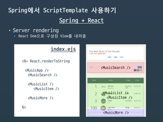 Spring에서 ScriptTemplate 사용하기
Spring + React
<%= React.renderToString

<MusicApp />

<MusicSearch />

<MusicList />

<MusicItem />

<MusicMore />

%>
index.ejs
• Server rendering

• React Dom으로 구성된 View를 내려줌
<MusicSearch />
<MusicList />

<MusicItem />
<MusicMore />
 