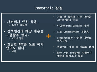 •	서버에서 연산 작용

- 속도의 효율성

•	검색엔진에 해당 내용을 

노출할수 있다. 

- SEO 최적화

•	민감한 API를 노출 하지

않아도 된다.

- 보안

Isomorphic 장점
•	기능 및 특징에 따른 다양한 

Library들이 존재

•	다양한 Data-Binding 지원

•	View Components의 재활용

•	Components간 다양한 이벤트 

적용가능

•	독립적인 개발 및 테스트 용이

• 최근 가장 Trendy한 기술이기 
때문에 릴리즈가 활발
+
 