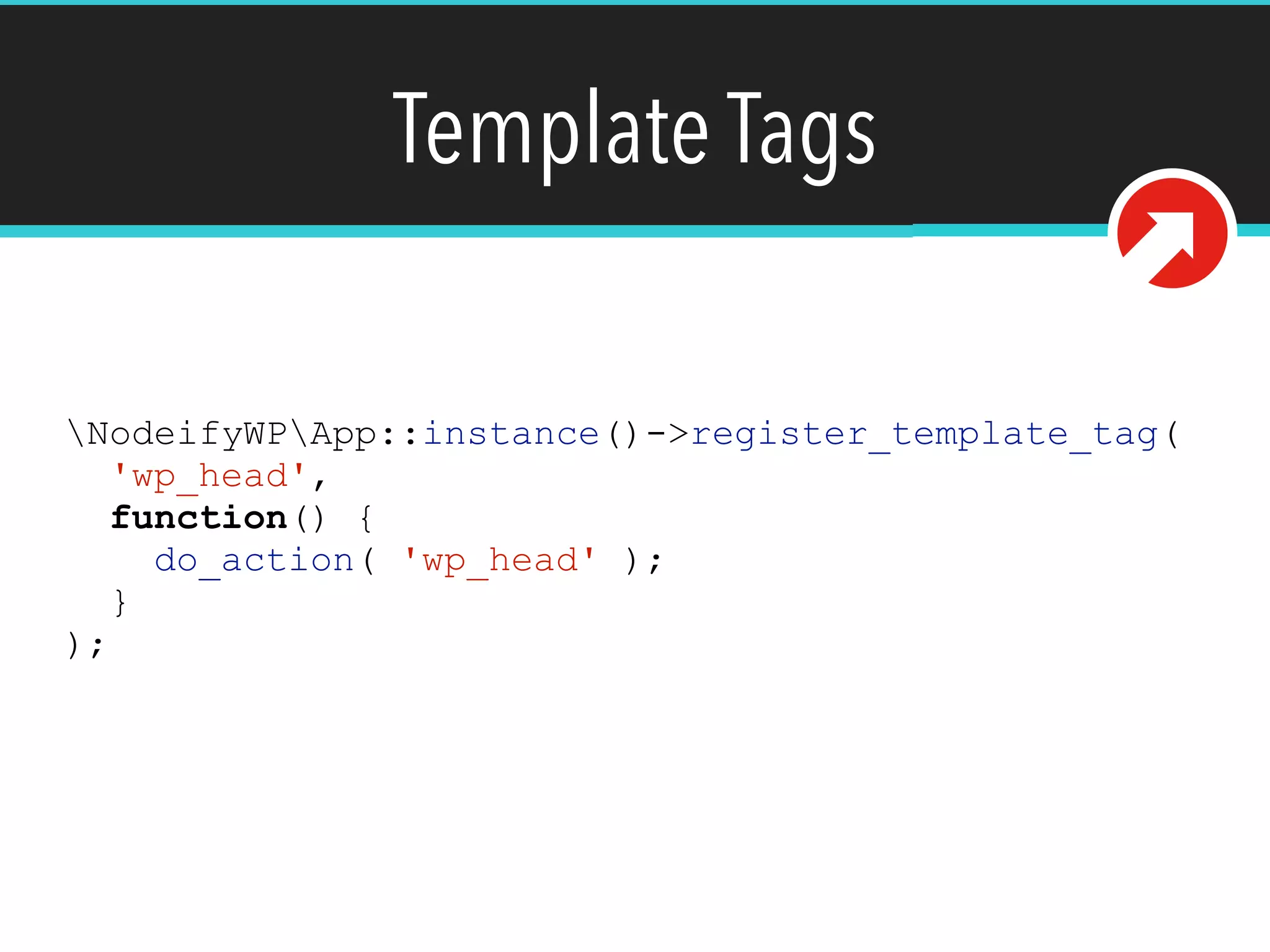 Template Tags
NodeifyWPApp::instance()->register_template_tag(
'wp_head',
function() {
do_action( 'wp_head' );
}
);
 