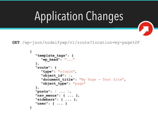 Application Changes
GET /wp-json/nodeifywp/v1/route?location=my-page%2F
{
"template_tags": {
"wp_head": "..."
},
"route": {
"type": "single",
"object_id": 2,
"document_title": "My Page - Test Site",
"object_type": "page"
},
"posts": [ ... ],
"nav_menus": { ... },
"sidebars": { ... },
"user": { ... }
}
 
