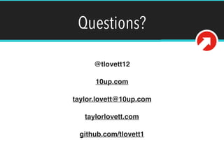 Questions?
We need to send a PUT request to this endpoint with
our post data. Of course we must authenticate before
doing this.
@tlovett12
10up.com
taylor.lovett@10up.com
taylorlovett.com
github.com/tlovett1
 