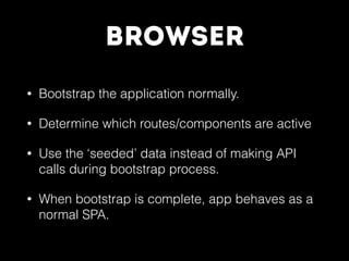 Browser
• Bootstrap the application normally.
• Determine which routes/components are active
• Use the ‘seeded’ data instead of making API
calls during bootstrap process.
• When bootstrap is complete, app behaves as a
normal SPA.
 