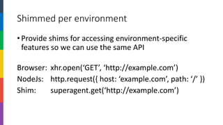 Shimmed per environment 
•Provide shims for accessing environment-specific features so we can use the same API 
Browser:xhr.open(‘GET’, ‘http://example.com’) 
NodeJs:http.request({ host: ‘example.com’, path: ‘/’ }) 
Shim:superagent.get(‘http://example.com’)  