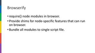 Browserify 
•require() node modules in browser. 
•Provide shims for node-specific features that can run on browser. 
•Bundle all modules to single script file.  
