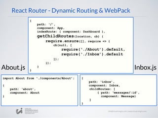 React Router - Dynamic Routing & WebPack
{
path: ‘/’,
component: App,
indexRoute: { component: Dashboard },
getChildRoutes(location, cb) {
require.ensure([], require => {
cb(null, [
require(‘./About’).default,
require(‘./Inbox’).default
]);
});
}
}
import About from ‘./components/About’;
{
path: ‘about’,
component: About
}
{
path: ‘inbox’,
component: Inbox,
childRoutes: [
{ path: ‘messages/:id’,
component: Message}
]
}
About.js Inbox.js
 