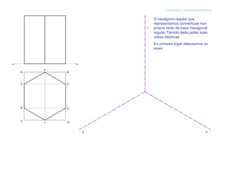 sistema axonométrico

O hexágono regular que
representamos convertiuse nun
prisma recto de base hexagonal
regular.Témolo dado polas súas
vistas diédricas
En primeiro lugar debuxamos os
eixes.
 
