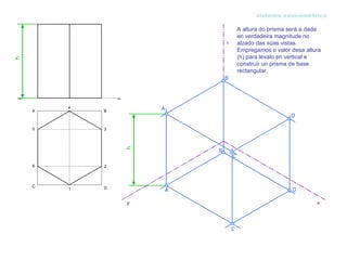 sistema axonométrico

A altura do prisma será a dada
en verdadeira magnitude no
alzado das súas vistas.
Empregamos o valor desa altura
(h) para levalo en vertical e
construír un prisma de base
rectangular.
 