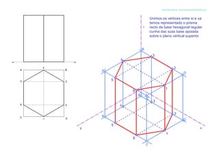 sistema axonométrico

Unimos os vértices entre si e xa
temos representado o prisma
recto de base hexagonal regular
cunha das súas base apoiada
sobre o plano vertical superior.
 