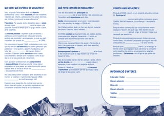 QUÈ POTS ESPERAR DE NOSALTRES?
Tots els educadors ens preocupem de
_______________, de la seva família i les persones que
l’envolten sent respectuosos amb tots.
Confia: L’acompanyarem en el camí i no el deixarem
sol, a les escoles, al metge, a l’EAIA etc..
No li faltarà un bon àpat, un lloc per dormir, material
per anar a l’escola, roba, sabates....
Al CRAE escoltem activament totes els vostres dubtes,
preocupacions, alegries, desacords... i tenim en
compte tant les vostres opinions com les de
_____________.
Oferim una manera diferent de veure i d’entendre el
món i les coses que us passen, amb més serenitat,
estabilitat i seguretat.
Acompanyarem i ajudarem a ______________ a fer front
a les situacions que es vagi trobant i a fer-se fort
davant d’elles.
Des de la nostra manera de fer, pensar i sentir, oferim
un lloc de vida, on ______________ pugui créixer i
aprendre, i així construir un projecte de futur.
Posem a l’abast de ______________ els recursos
i oportunitats que necessiti per tal que sigui capaç
de dirigir el seu propi camí.
COMPTA AMB NOSALTRES!
Perquè al CRAE creiem en un projecte educatiu compar-
tit. Participa-hi!
_______________ conviurà amb altres companys, grans
i petits, des del respecte, la confiança i l’acceptació
mútua.
Perquè estem convençuts que conjuntament serem
capaços d’assolir allò que sigui més beneficiós pel
_______________ i perquè tingui el temps i l’espai que
necessiti per assolir-ho.
Perquè els educadors/es procurarem trobar recursos,
noves idees, iniciatives i propostes que siguin les més
adequades pel _______________ i la seva família.
Perquè quan _______________ marxi i ja no estigui al
CRAE volem que sapigueu que pot tornar a compartir
amb nosaltres les vostres preocupacions, alegries,
problemes... L’orientarem a on dirigir-se per poder-los
resoldre.
INFORMACIÓ D’INTERÉS
Educador / tutor:
Horaris atenció:
Direcció:
Horaris atenció:
Telèfon:
Correu:
QUI SOM I QUÈ ESPEREM DE VOSALTRES?
Som un grup d’educadors amb un objectiu
professional comú i molt important per tots nosaltres:
“atendre als infants, adolescents i les seves famílies,
per millorar i promoure la seva autonomia.”
T’escoltem! Per aquest motiu treballem aquí, i volem
fer-nos càrrec _______________ amb la major cura
possible durant el temps que no pugui estar a casa
amb vosaltres.
Us tindrem presents i esperem que col·laboreu i
participeu amb nosaltres en tot aquest procés,
sentint-vos recolzats i acompanyats, ja que sou part
important del procés de _______________ al CRAE.
Els educadors d’aquest CRAE no treballem sols, sinó
que ho fem en col·laboració amb altres persones que
participen i ens ajuden a assolir els objectius pel
futur de _______________ de manera ferma i
constant. Esperem poder aprendre moltes coses
conjuntament, sempre amb l’objectiu comú d’aju-
dar-lo en el seu procés de creixement.
Com que som professionals ens comprometem
i responsabilitzem d’explicar-vos de forma clara i
entenedora el que passa, en relació amb allò que té
a veure amb la situació actual de _______________
i les possibles del futur.
Als educadors volem compartir amb vosaltres el bon
humor, la vitalitat i l’optimisme d’aquest CRAE.
_______________ és molt benvingut /da!
Esperem que respecteu les indicacions que es
donen des del centre, ja que són necessàries per
a mantenir una bona relació de col·laboració.
 