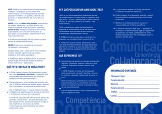 VISIÓ: ISOM és una entitat d’atenció especialitzada
coneguda i reconeguda, que col·labora amb
l’administració i la iniciativa privada per impulsar
projectes innovadors i de qualitat, d’atenció a les
persones, en diversos àmbits des d’una òptica no
lucrativa.
MISSIÓ: ISOM vol atendre a les persones, especialment
als infants, adolescents i les seves famílies, per
millorar i promoure la seva autonomia, capacitats i
qualitat de vida, mitjançant projectes d’acció social
especialitzada, amb una atenció relacional de
proximitat i individualitzada, coherent amb la seva
responsabilitat social.
A ISOM ens caracteritzem per dur a terme la nostra
missió de manera eficient i eficaç.
VALORS: Coherència, competència, compromís,
col·laboració i comunicació.
Aquesta missió, visió i valors són fruit de la reflexió,
d’ara en endavant esperem que ens ajudis a
repensar-la amb la teva participació.
A ISOM tenim Espai de Reflexió Ètica, al qual pots
adreçar-te per fer consultes relatives a aspectes
d’ètica professional i organitzativa.
A ISOM trobaràs un equip de professionals compe-
tent, amb experiència i rigor tècnic; compromès amb
el transparent desenvolupament dels projectes i
coherent amb els valors democràtics.
Convençuts que no podem abastar les solucions tots
sols, a ISOM col·laborem per establir xarxes i aliances
que contribueixin a la millora de la cohesió social.
Des d’ ISOM promovem la creació d’espais d’escolta
i diàleg des de la participació en la presa de decisions
i la construcció conjunta del coneixement.
A ISOM ens preocupem per oferir el millor tracte a les
persones, sent sensibles a les seves demandes, per
tant trobaràs un bon ambient de treball on el rigor no
està renyit amb el bon humor, la vitalitat
i l’optimisme que volem encomanar als infants,
adolescents i joves.
QUÈ POTS ESPERAR DE NOSALTRES?
QUÈ ESPEREM DE TU?
PER QUÈ POTS CONFIAR AMB NOSALTRES?
ISOM te una sòlida experiència professional que ens
ha permès construir el nostre model d’intervenció amb
rigor tècnic i qualitat. Treballem per la infància des de
el 2001. A dia d’avui atenem a 62 infants i a les
seves famílies.
ISOM comparteix els valors que fonamenten el
programa de responsabilitat social, per tant estem
compromesos amb la millora de les condicions
econòmiques, mediambientals i socials.
A ISOM apreciem les noves idees, iniciatives i les
propostes que promoguin altres maneres de fer.
A ISOM volem que els infants, adolescents, joves
i les seves famílies enforteixin les capacitats que els
permetin el control de la seva vida pròpia vida, per
tant vetllem pel seu apoderament de forma càlida i
propera.
Les persones que atenem es mereixen professionals
motivats, competents, assertius, resolutius i amb
iniciativa, disposats a innovar i assumir nous
reptes.
A ISOM treballem en xarxa, per tant esperem
poder pensar junts, compartir objectius i recursos
tot unificant capacitats i esforços per a l’acció en
comú.
Dedicar temps per a la planificació i coordinació,
propiciant espais per al coneixement mutu que
facilitin la implicació efectiva i participació activa
de tots els professionals.
Assumir responsabilitats i riscos comprometent-nos
amb el projecte col·lectiu.
La comunicació recíproca, el diàleg permanent
i l’intercanvi d’idees són essencials.
Poder compartir el coneixement, aprendre i avaluar
la nostra pràctica professional en pro de la millora
continuada
Mantenir la confidencialitat com a una eina
imprescindible per fer bé la nostra feina.
La informació es tracta amb rigor. El respecte a la
intimitat és un dret fonamental lligat a la dignitat de
les persones. Els infants, adolescents i les seves
famílies necessiten tenir-nos confiança per que ens
expliquin què els passa.
INFORMACIÓ D’INTERÉS
Educador / tutor:
Horaris atenció:
Direcció:
Horaris atenció:
Telèfon:
Correu:
Comunicac
Col·laboració
Competència
Coherència
 