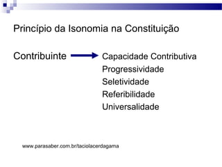 Princípio da Isonomia na Constituição
Contribuinte Capacidade Contributiva
Progressividade
Seletividade
Referibilidade
Universalidade
www.parasaber.com.br/taciolacerdagama
 