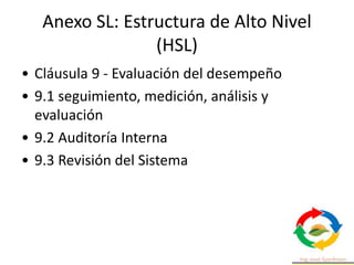 Anexo SL: Estructura de Alto Nivel
(HSL)
• Cláusula 10 – Mejora
• 10.1 No conformidad y acciones correctivas de
mejora
• 1...