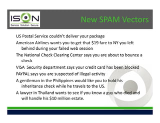 New SPAM Vectors
US Postal Service couldn’t deliver your package
American Airlines wants you to get that $19 fare to NY you left
   behind during your failed web session
The National Check Clearing Center says you are about to bounce a
   check
VISA Security department says your credit card has been blocked
PAYPAL says you are suspected of illegal activity
A gentleman in the Philippines would like you to hold his
   inheritance check while he travels to the US.
A lawyer in Thailand wants to see if you know a guy who died and
   will handle his $10 million estate.
 