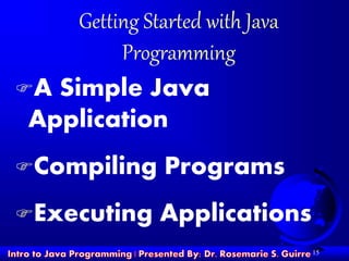 15
Getting Started with Java
Programming
A Simple Java
Application
Compiling Programs
Executing Applications
 