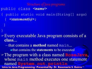 17
Structure of Java programs
public class <name>
{ public static void main(String[] args)
{ <statement(s)>;
}
}
Every executable Java program consists of a
class...
– that contains a method named main...
that contains the statements to be executed
The program with a class named RoseJava,
whose main method executes one statement
named System.out.println
 