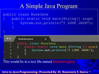 18
A Simple Java Program
public class RoseJava
{ public static void main(String[] args)
{ System.out.println(“I LOVE JAVA");
}
}
This would be in a text file named RoseJava.java
 