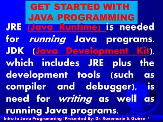 3
GET STARTED WITH
JAVA PROGRAMMING
JRE (Java Runtime) is needed
for running Java programs.
JDK (Java Development Kit),
which includes JRE plus the
development tools (such as
compiler and debugger), is
need for writing as well as
running Java programs.
 