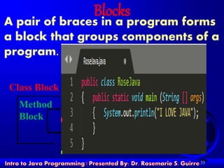 33
Blocks
A pair of braces in a program forms
a block that groups components of a
program.
Class Block
Method
Block
 