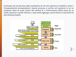 7
Il principio che sta alla base delle architetture di rete che utilizzano il modello a strati, è
l'incapsulamento (encapsulation). Questo processo si verifica nel momento in cui un
Computer (Host A) vuole inviare dati all’Host B, e l'informazione (PDU) passa da un
livello superiore a quello inferiore, e ogni livello aggiunge a quest'ultimo un pacchetto di
dati chiamato header.
 