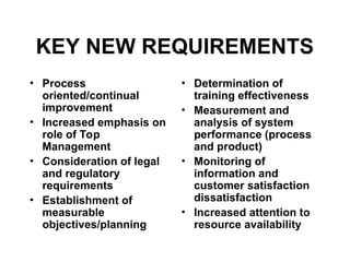 KEY NEW REQUIREMENTS
• Process
oriented/continual
improvement
• Increased emphasis on
role of Top
Management
• Consideration of legal
and regulatory
requirements
• Establishment of
measurable
objectives/planning
• Determination of
training effectiveness
• Measurement and
analysis of system
performance (process
and product)
• Monitoring of
information and
customer satisfaction
dissatisfaction
• Increased attention to
resource availability
 
