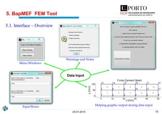 15
5. BapMEF FEM Tool
24-01-2019
5.1. Interface – Overview
Warnings and Notes
Input Boxes
Menu Windows
Helping graphic output during data input
Data Input
 
