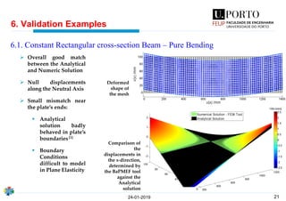21
6. Validation Examples
24-01-2019
6.1. Constant Rectangular cross-section Beam – Pure Bending
Comparison of
the
displacements in
the x-direction,
determined by
the BaPMEF tool
against the
Analytical
solution
➢ Overall good match
between the Analytical
and Numeric Solution
➢ Null displacements
along the Neutral Axis
➢ Small mismatch near
the plate’s ends:
▪ Analytical
solution badly
behaved in plate’s
boundaries[1]
▪ Boundary
Conditions
difficult to model
in Plane Elasticity
Deformed
shape of
the mesh
 