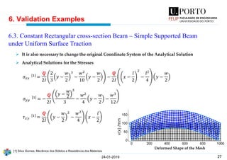 27
6. Validation Examples
24-01-2019
6.3. Constant Rectangular cross-section Beam – Simple Supported Beam
under Uniform Surface Traction
➢ It is also necessary to change the original Coordinate System of the Analytical Solution
➢ Analytical Solutions for the Stresses
𝜎 𝑥𝑥
1 =
𝑸
2𝐼
2
3
𝑦 −
𝑤
2
3
−
𝑤2
10
𝑦 −
𝑤
2
−
𝑸
2𝐼
𝑥 −
𝑙
2
2
−
𝑙2
4
𝑦 −
𝑤
2
𝜎 𝑦𝑦
1 = −
𝑸
2𝐼
𝑦 −
𝑤
2
3
3
−
𝑤2
4
𝑦 −
𝑤
2
−
𝑤3
12
𝜏 𝑥𝑦
1 =
𝑸
2𝐼
𝑦 −
𝑤
2
2
−
𝑤2
4
𝑥 −
𝑙
2
[1] Silva Gomes, Mecânica dos Sólidos e Resistência dos Materiais
Deformed Shape of the Mesh
 