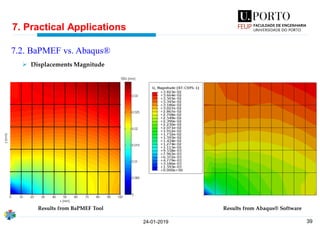 39
7. Practical Applications
24-01-2019
7.2. BaPMEF vs. Abaqus®
➢ Displacements Magnitude
Results from BaPMEF Tool Results from Abaqus® Software
 