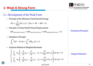5
2. Weak & Strong Form
24-01-2019
2.1. Development of the Weak Form
➢ Principle of the Minimum Total Potential Energy
➢ Principle of Virtual Work/Virtual Displacements
➢ Hamilton’s Principle
➢ Galerkin Method of Weighted-Residuals
𝛿𝛱 =
𝜕
𝜕|𝑢|
𝛱 𝑢 𝛿𝑢 = 𝛿𝑉 − 𝛿𝑊 = 0
𝛿𝑊 𝐼𝑛𝑡𝑒𝑟𝑛𝑎𝑙 𝐹𝑜𝑟𝑐𝑒𝑠 + 𝛿𝑊 𝐼𝑛𝑒𝑟𝑡𝑖𝑎𝑙 𝐹𝑜𝑟𝑐𝑒𝑠 + 𝛿𝑊 𝐸𝑥𝑡𝑒𝑟𝑛𝑎𝑙 𝐹𝑜𝑟𝑐𝑒𝑠 = 0
න
𝑡1
𝑡2
𝛿 𝑇 − 𝑉 𝑑𝑡 + න
𝑡1
𝑡2
𝛿𝑊𝑛𝑐 𝑑𝑡 = 0
න
Ω
𝑤𝑥 −
𝜕
𝜕𝑥
𝜎 𝑥𝑥 −
𝜕
𝜕𝑦
𝜏 𝑥𝑦 − 𝑓𝑥 + 𝜌
𝜕2
𝜕𝑡2 𝑢 𝑥, 𝑦 𝑑𝑥 𝑑𝑦 = 0
න
Ω
𝑤 𝑦 −
𝜕
𝜕𝑦
𝜎 𝑦𝑦 −
𝜕
𝜕𝑥
𝜏 𝑥𝑦 − 𝑓𝑦 + 𝜌
𝜕2
𝜕𝑡2 𝑣 𝑥, 𝑦 𝑑𝑥 𝑑𝑦 = 0
Variational Principles
Integral Statement
 