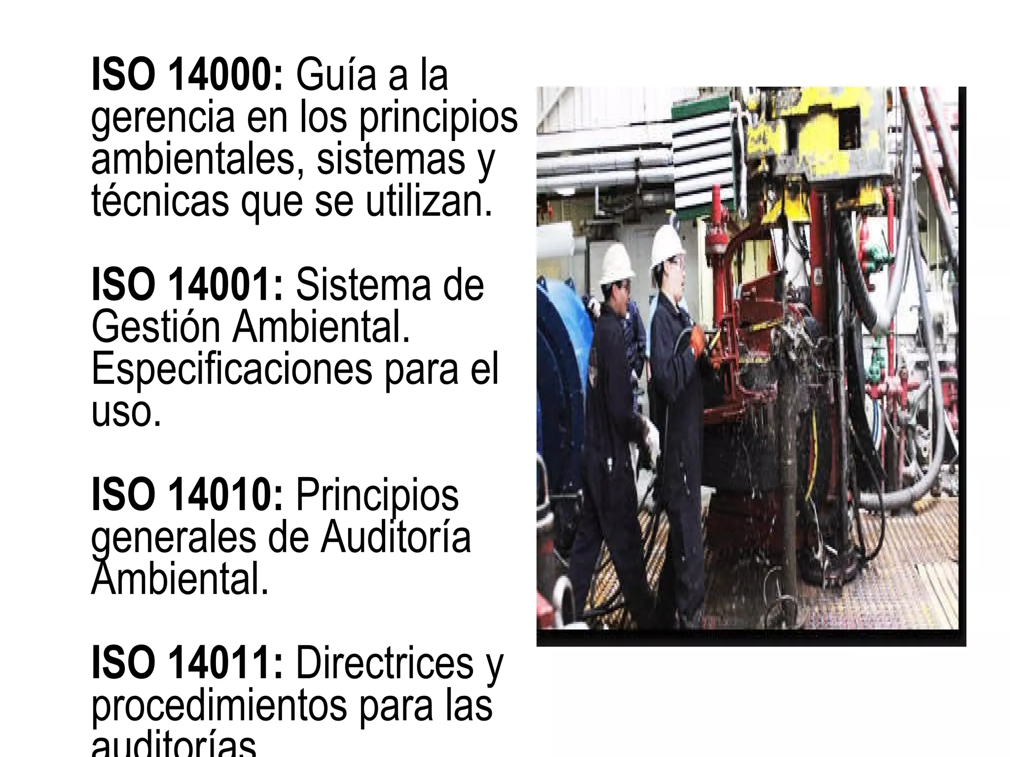 ISO 14000: Guía a la gerencia en los principios ambientales, sistemas y técnicas que se utilizan. ISO 14001: Sistema de Gestión Ambiental. Especificaciones para el uso. ISO 14010: Principios generales de Auditoría Ambiental. ISO 14011: Directrices y procedimientos para las auditorías.