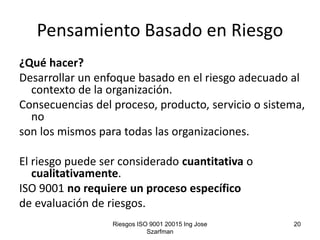 Riesgos ISO 9001 20015 Ing Jose
Szarfman
20
Pensamiento Basado en Riesgo
¿Qué hacer?
Desarrollar un enfoque basado en el r...