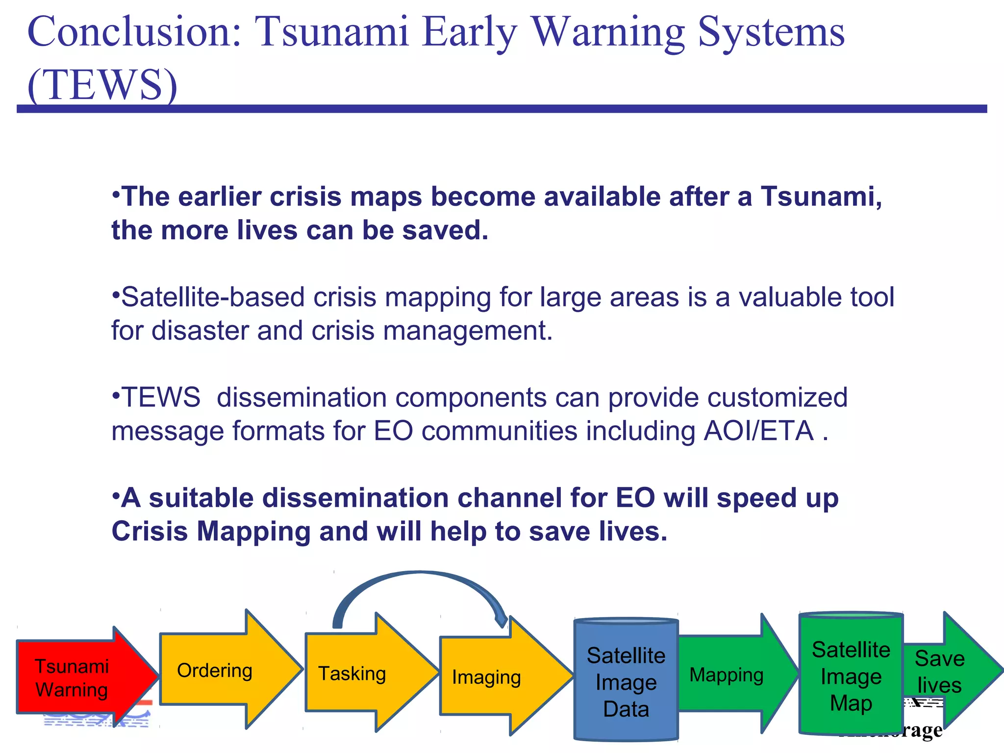 ISOPE-2013
Anchorage
Conclusion: Tsunami Early Warning Systems
(TEWS)
•The earlier crisis maps become available after a Tsunami,
the more lives can be saved.
•Satellite-based crisis mapping for large areas is a valuable tool
for disaster and crisis management.
•TEWS dissemination components can provide customized
message formats for EO communities including AOI/ETA .
•A suitable dissemination channel for EO will speed up
Crisis Mapping and will help to save lives.
Satellite
Image
Data
Save
lives
MappingTaskingOrderingTsunami
Warning
Imaging
Satellite
Image
Map
 