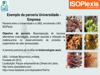 Exemplo da parceria Universidade -
Empresa
Parceria entre a Universidade e a UBQ, envolvendo o BG
ISOPlexis
Objectivo da parceria: Bioprospecção de recursos
alternativos (macroalgas), produção aquícola e utilização da
matéria-prima no desenvolvimento de produtos e
suplementos de valor acrescentado.
A parceria posiciona-se na área da biotecnologias azuis.
UBQ - Unidade Bioquímica Limitada;
Fundada em 2012;
Localização: Parque empresarial de Câmara de Lobos;
http://www.ubqmadeira.com/
https://www.facebook.com/ubqmadeira?fref=ts
 