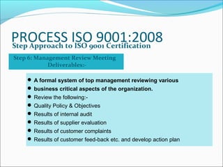 PROCESS ISO 9001:2008Step Approach to ISO 9001 Certification
Step 6: Management Review Meeting
Deliverables:-
 A formal system of top management reviewing various
 business critical aspects of the organization.
 Review the following:-
 Quality Policy & Objectives
 Results of internal audit
 Results of supplier evaluation
 Results of customer complaints
 Results of customer feed-back etc. and develop action plan
 