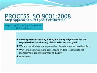 PROCESS ISO 9001:2008Step Approach to ISO 9001 Certification
Step 2: Quality Policy & Objectives
Deliverables:-
 Development of Quality Policy & Quality Objectives for the
organization considering vision, mission and goal .
 Work shop with top management on development of quality policy.
 Work shop with top management and middle level functional
management on development of quality
 objectives
 