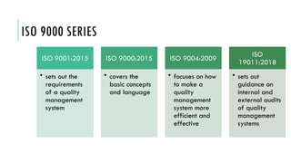 ISO 9000 SERIES
ISO 9001:2015
• sets out the
requirements
of a quality
management
system
ISO 9000:2015
• covers the
basic concepts
and language
ISO 9004:2009
• focuses on how
to make a
quality
management
system more
efficient and
effective
ISO
19011:2018
• sets out
guidance on
internal and
external audits
of quality
management
systems
 