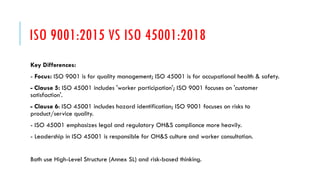 ISO 9001:2015 VS ISO 45001:2018
Key Differences:
- Focus: ISO 9001 is for quality management; ISO 45001 is for occupational health & safety.
- Clause 5: ISO 45001 includes 'worker participation'; ISO 9001 focuses on 'customer
satisfaction'.
- Clause 6: ISO 45001 includes hazard identification; ISO 9001 focuses on risks to
product/service quality.
- ISO 45001 emphasizes legal and regulatory OH&S compliance more heavily.
- Leadership in ISO 45001 is responsible for OH&S culture and worker consultation.
Both use High-Level Structure (Annex SL) and risk-based thinking.
 