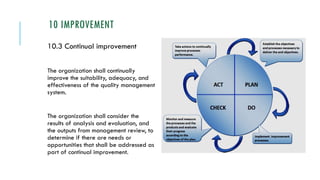 10 IMPROVEMENT
10.3 Continual improvement
The organization shall continually
improve the suitability, adequacy, and
effectiveness of the quality management
system.
The organization shall consider the
results of analysis and evaluation, and
the outputs from management review, to
determine if there are needs or
opportunities that shall be addressed as
part of continual improvement.
 
