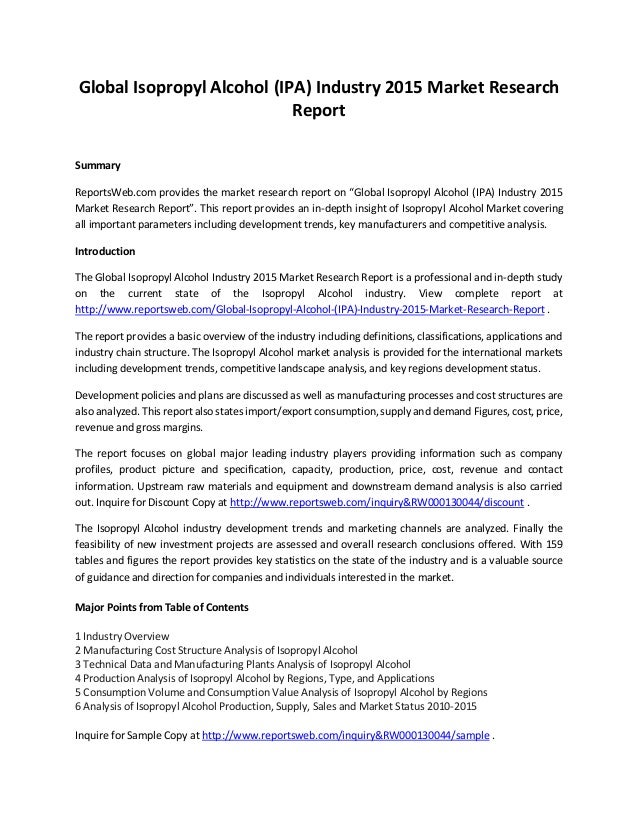 Bulk Chemical: Catalytic Oxidation Of Isopropyl Alcohol - Words alcohol isopropyl papers research