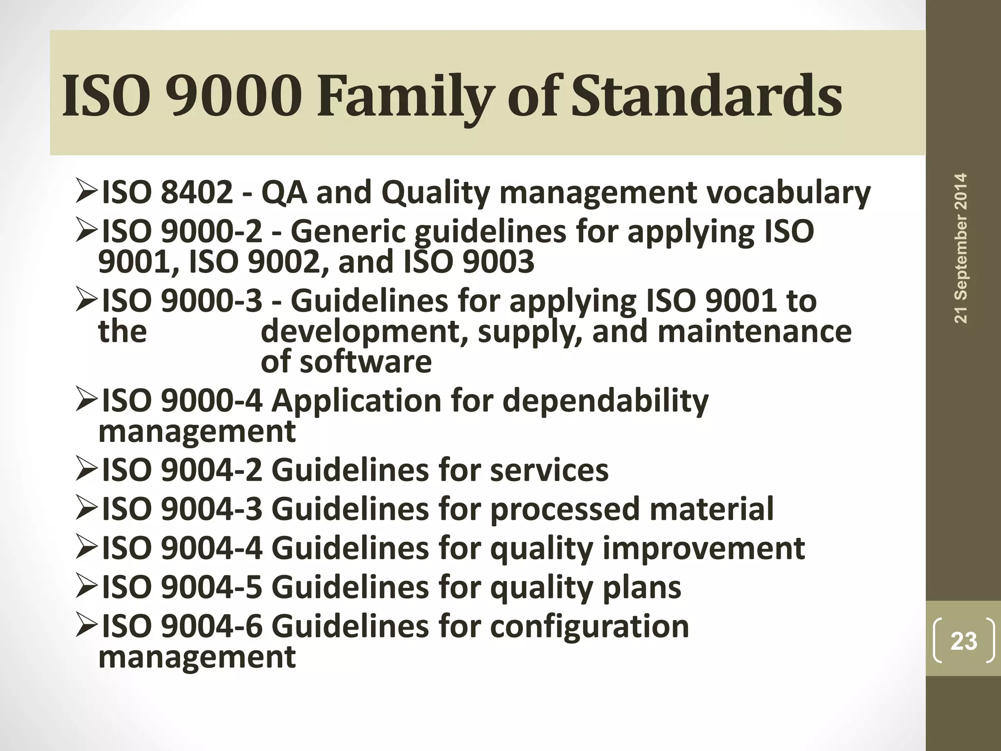 ISO 9000 Family of Standards 
ISO 8402 - QA and Quality management vocabulary 
ISO 9000-2 - Generic guidelines for applying ISO 
9001, ISO 9002, and ISO 9003 
ISO 9000-3 - Guidelines for applying ISO 9001 to 
the development, supply, and maintenance 
of software 
ISO 9000-4 Application for dependability 
management 
ISO 9004-2 Guidelines for services 
ISO 9004-3 Guidelines for processed material 
ISO 9004-4 Guidelines for quality improvement 
ISO 9004-5 Guidelines for quality plans 
ISO 9004-6 Guidelines for configuration 
management 
21 September 2014 
23 
 