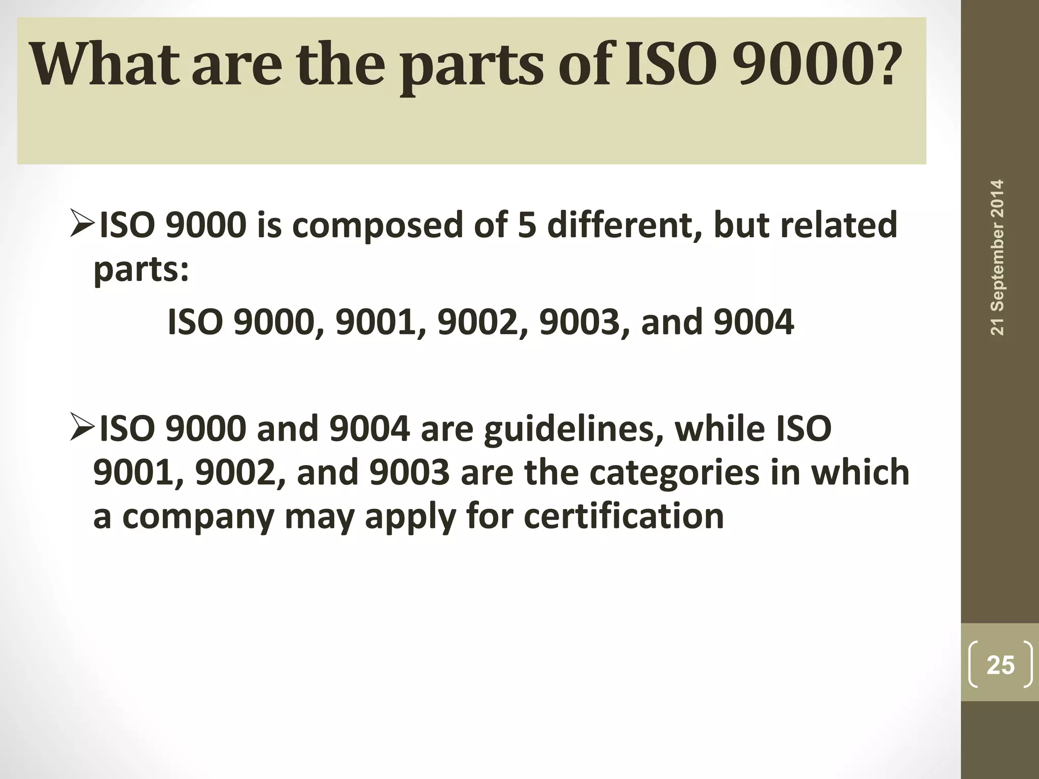 21 September 2014 
25 
What are the parts of ISO 9000? 
ISO 9000 is composed of 5 different, but related 
parts: 
ISO 9000, 9001, 9002, 9003, and 9004 
ISO 9000 and 9004 are guidelines, while ISO 
9001, 9002, and 9003 are the categories in which 
a company may apply for certification 
 