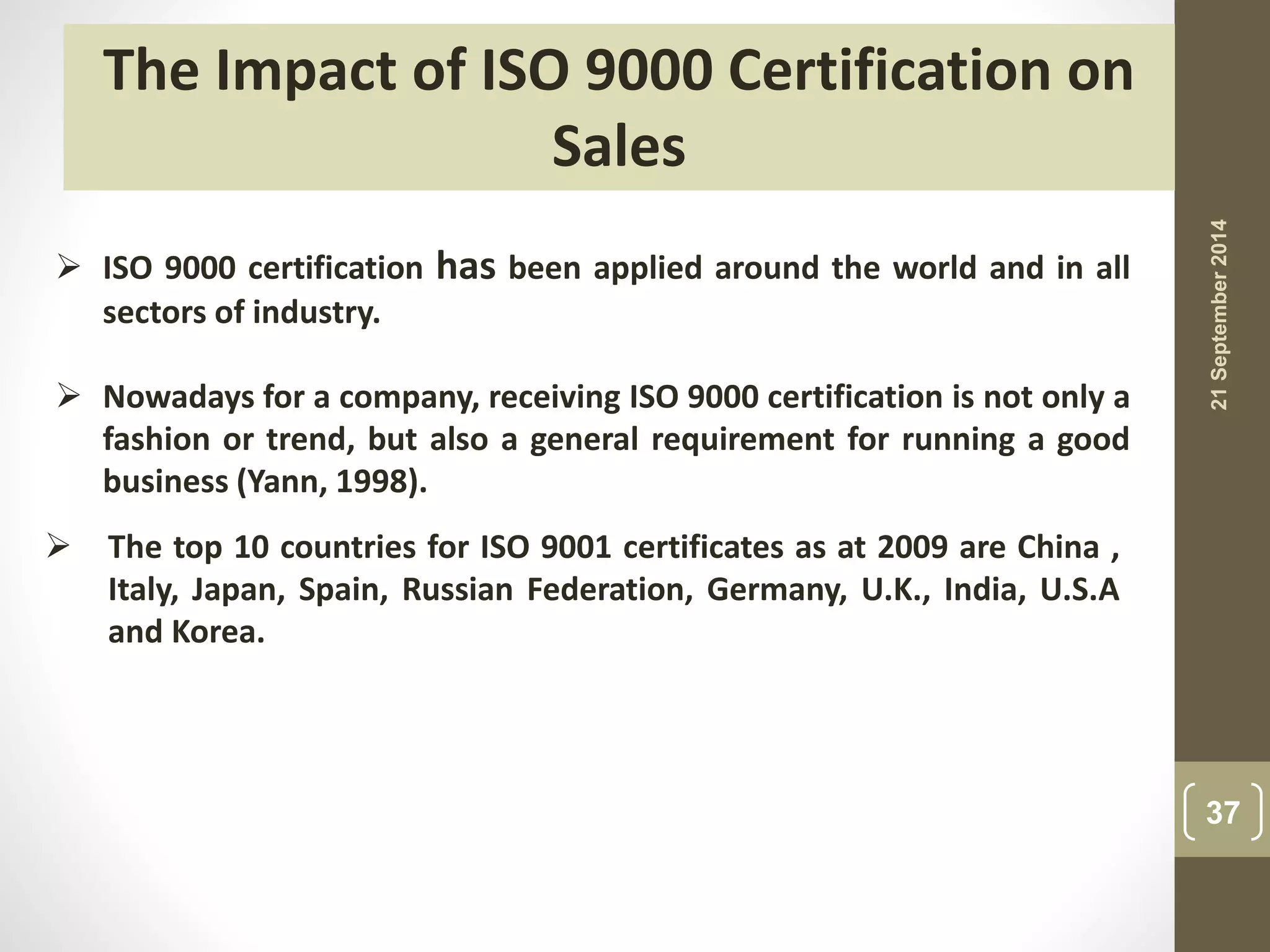 21 September 2014 
37 
The Impact of ISO 9000 Certification on 
Sales 
 ISO 9000 certification has been applied around the world and in all 
sectors of industry. 
 Nowadays for a company, receiving ISO 9000 certification is not only a 
fashion or trend, but also a general requirement for running a good 
business (Yann, 1998). 
 The top 10 countries for ISO 9001 certificates as at 2009 are China , 
Italy, Japan, Spain, Russian Federation, Germany, U.K., India, U.S.A 
and Korea. 
 