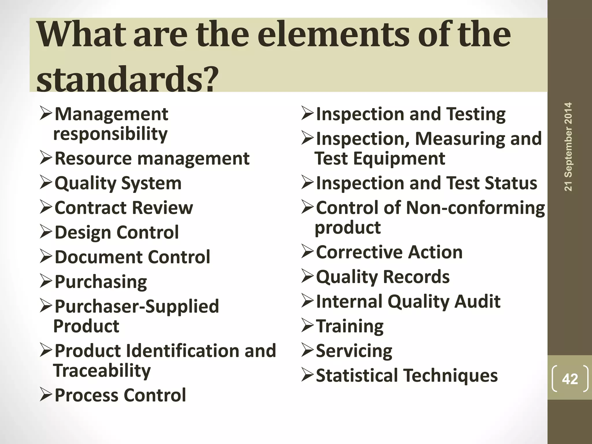What are the elements of the 
standards? 
Management 
responsibility 
Resource management 
Quality System 
Contract Review 
Design Control 
Document Control 
Purchasing 
Purchaser-Supplied 
Product 
Product Identification and 
Traceability 
Process Control 
Inspection and Testing 
Inspection, Measuring and 
Test Equipment 
Inspection and Test Status 
Control of Non-conforming 
product 
Corrective Action 
Quality Records 
Internal Quality Audit 
Training 
Servicing 
Statistical Techniques 
21 September 2014 
42 
 