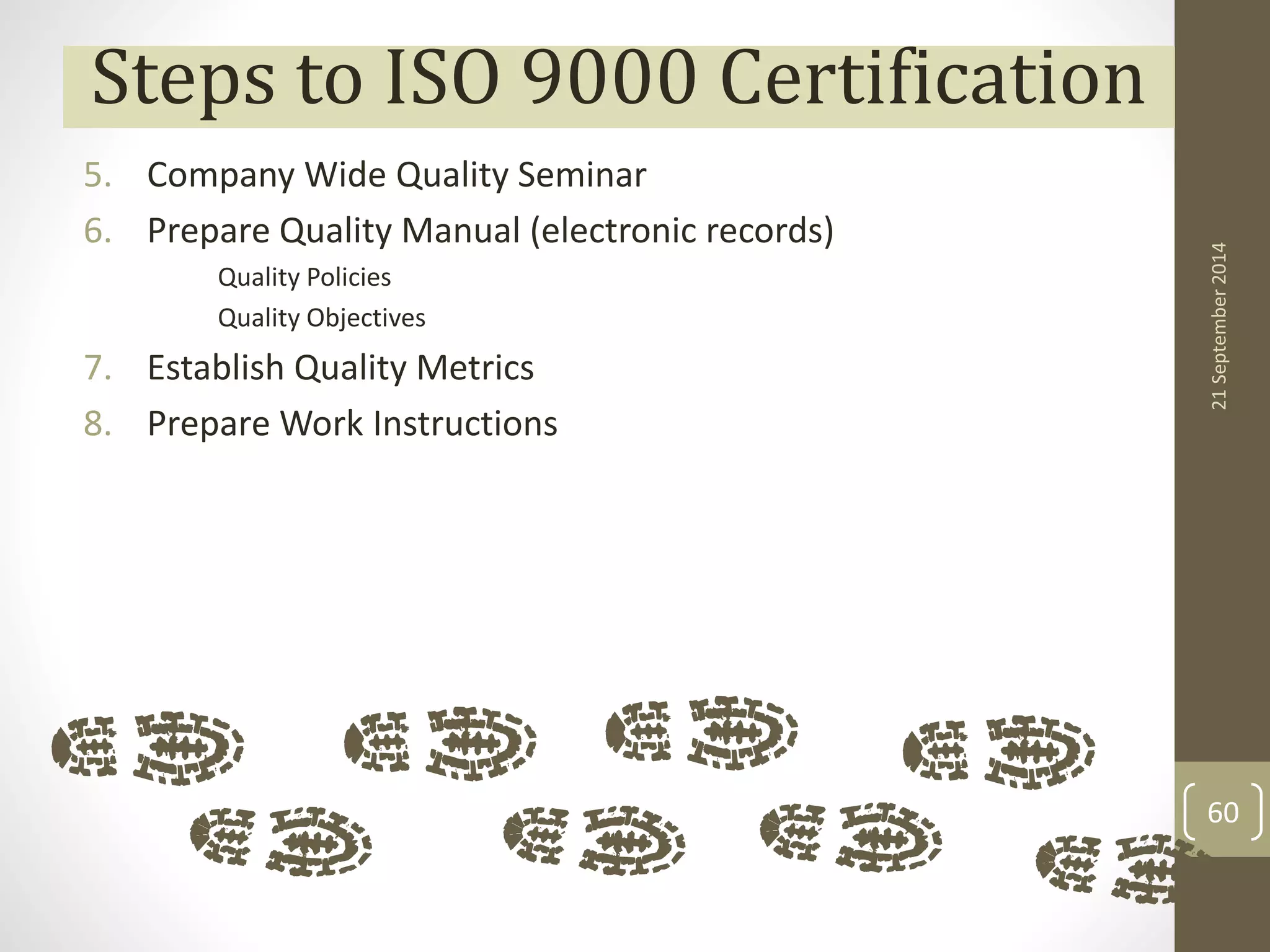 Steps to ISO 9000 Certification 
5. Company Wide Quality Seminar 
6. Prepare Quality Manual (electronic records) 
Quality Policies 
Quality Objectives 
7. Establish Quality Metrics 
8. Prepare Work Instructions 
21 September 2014 
60 
 