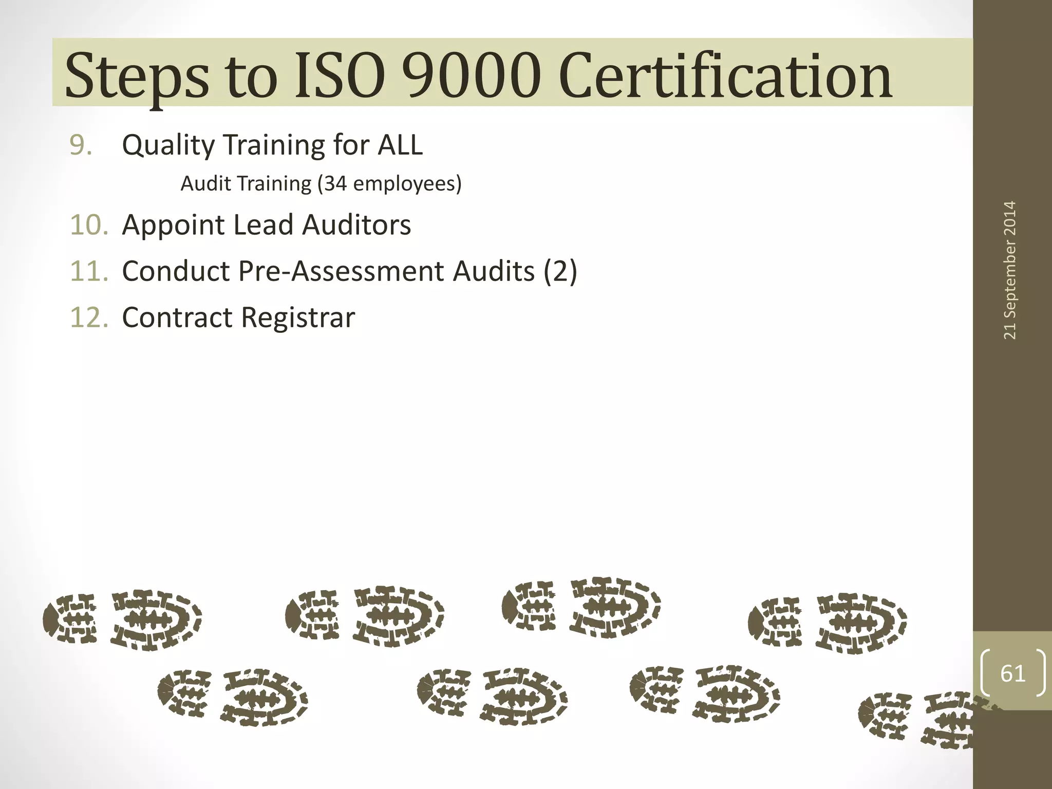 Steps to ISO 9000 Certification 
9. Quality Training for ALL 
Audit Training (34 employees) 
10. Appoint Lead Auditors 
11. Conduct Pre-Assessment Audits (2) 
12. Contract Registrar 
21 September 2014 
61 
 