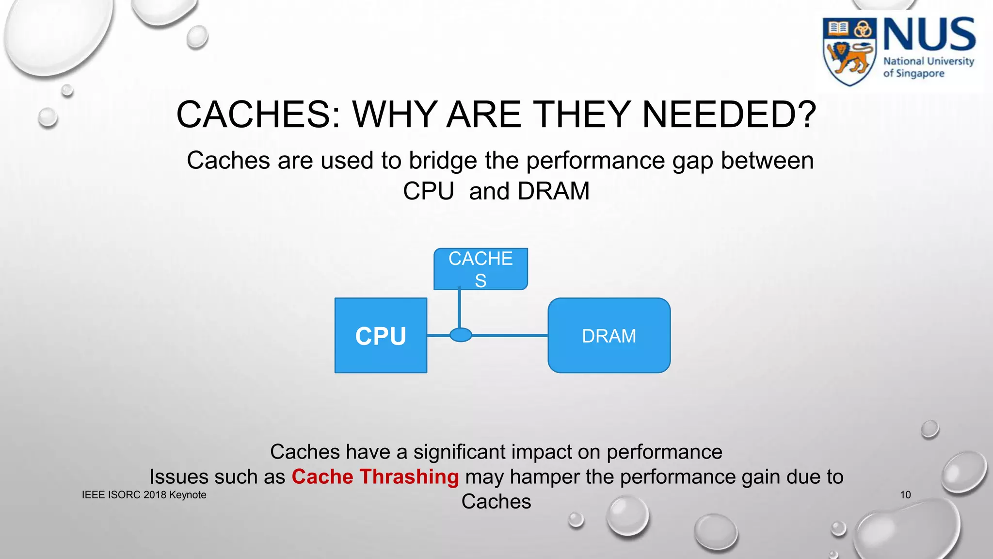 IEEE ISORC 2018 Keynote 10
DRAMCPU
CACHE
S
Caches have a significant impact on performance
Issues such as Cache Thrashing may hamper the performance gain due to
Caches
Caches are used to bridge the performance gap between
CPU and DRAM
CACHES: WHY ARE THEY NEEDED?
 