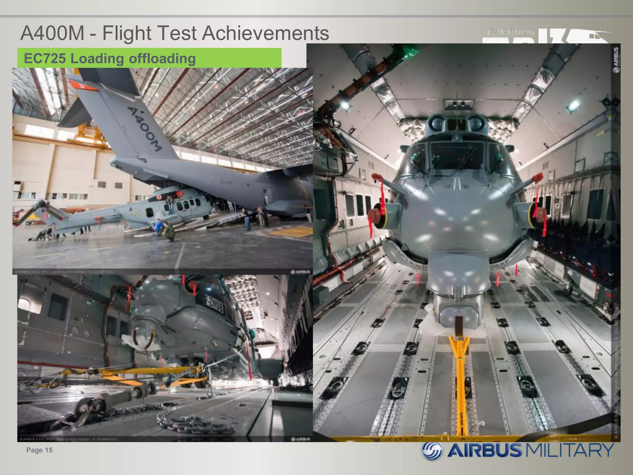 A400M - Flight Test Achievements
• NH90 Loading in Holsdorf
• EC725 Loading in Toulouse
Page 15
EC725 Loading offloading
 